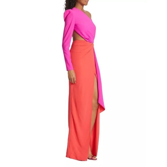 Michael Costello Evelyn One-Shoulder Colorblocked Draped Gown - Picture 3 of 10